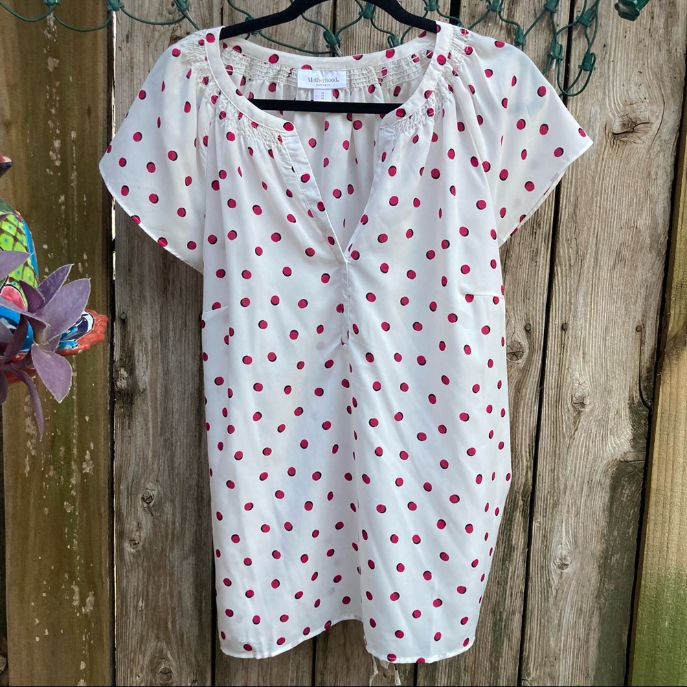 Motherhood Maternity size M, short sleeve, w/belt, white w/red polka dots, EUC